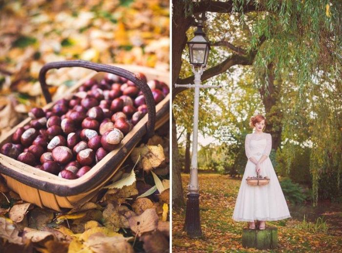 žaluďová dekorácia-svadba-na jeseň-svadobné šaty-s-čipkovými ozdobami-romantická-Rebekah-Murray