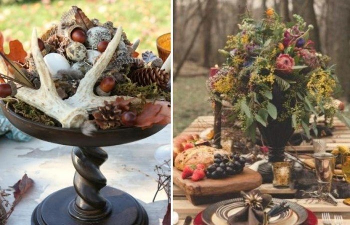 Netradičné-kvetinové úpravy-svadobný-stôl-aranžmán-šišky-žalude