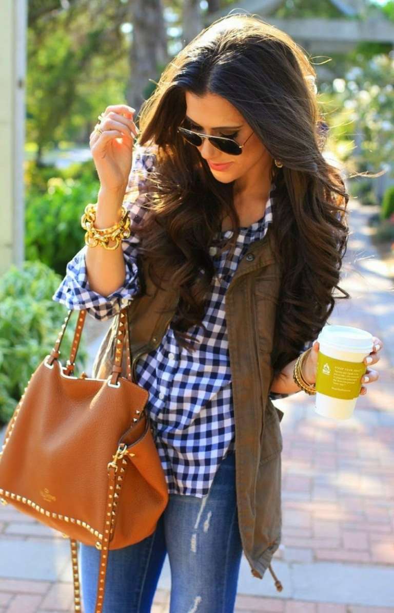 košeľa look look 2016 kockovaná modrá kožená taška hnedá vesta