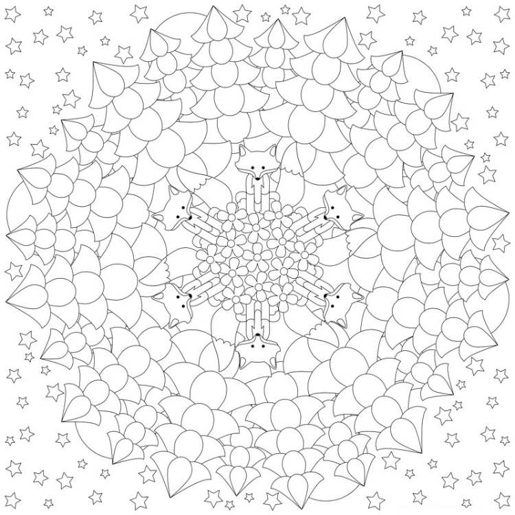 Mandala s líškami a jedľami na tlač mandaly-jesenná tlač-omaľovánky-deti-omaľovánky-líšky