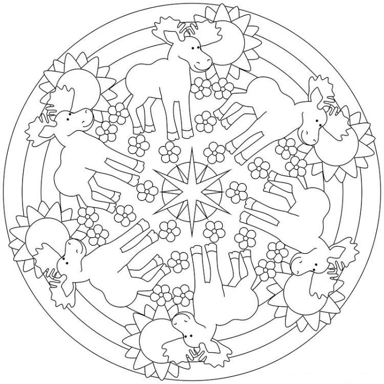Jesenná mandala s dubmi a kvetmi na vyplnenie mandaly-jesenná tlač-omaľovánky-deti-omaľovánky-jelene-losy