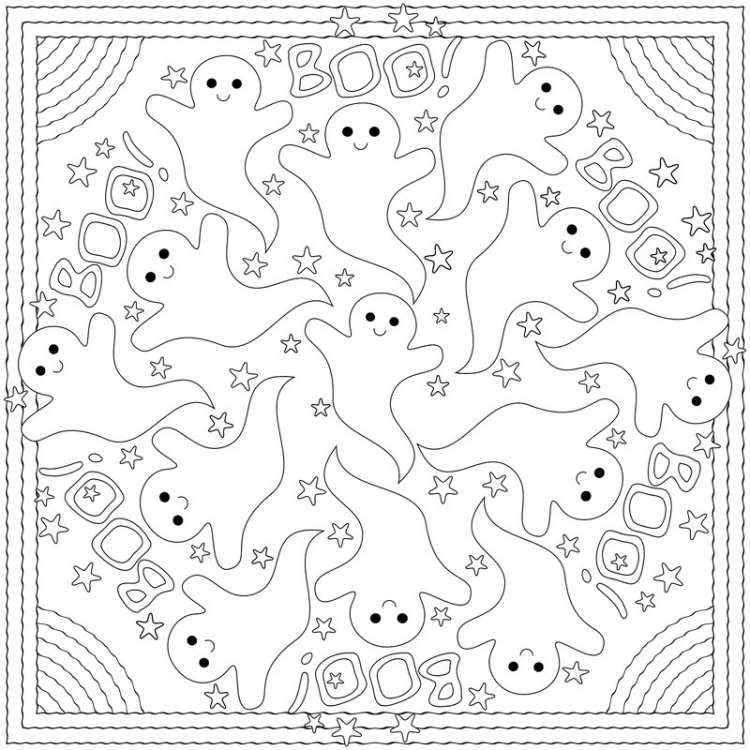 kreatívny nápad vyplniť farbami - halloweenska mandala mandaly-jesenná tlač-omaľovánky-deti-omaľovánky-halloween-duch-boo