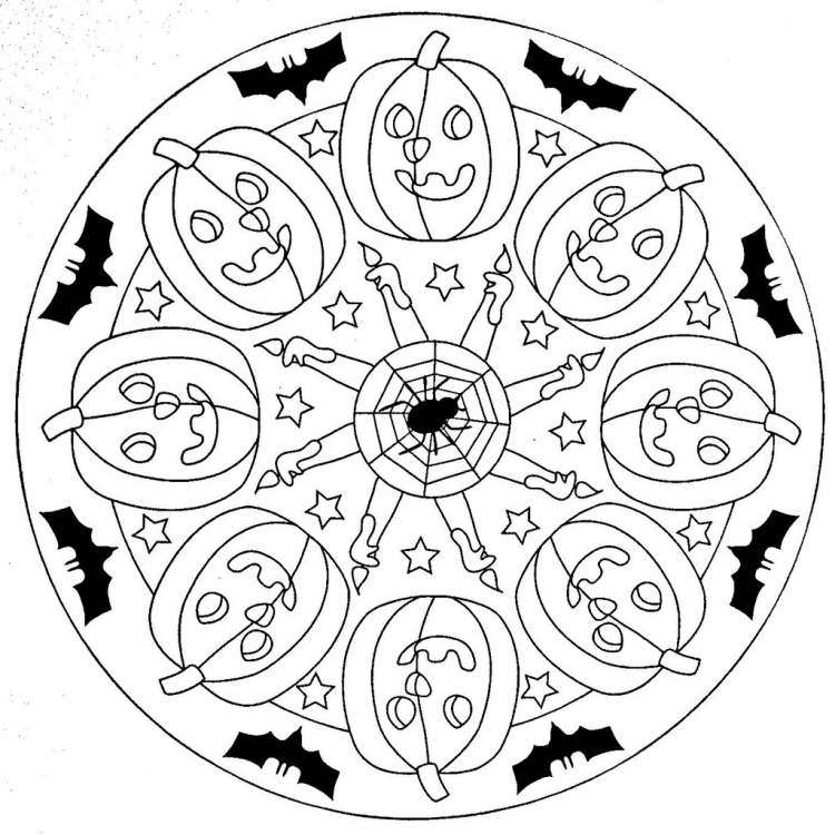 Halloween Madala s vydlabanými tekvicami a netopiermi mandaly-jesenná tlač-omaľovánky-deti-omaľovánky-halloween-tekvice-netopiere