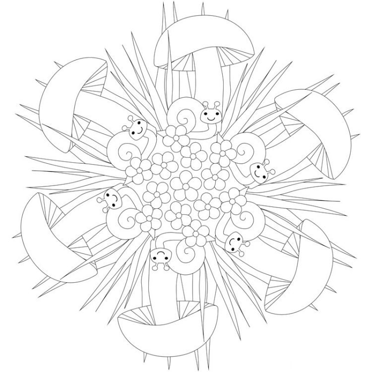 cool nápad pre malé deti - jesenná mandala so slimákmi a hubami mandaly-jesenná tlač-farbenie-deti-omaľovánky-huby-slimák