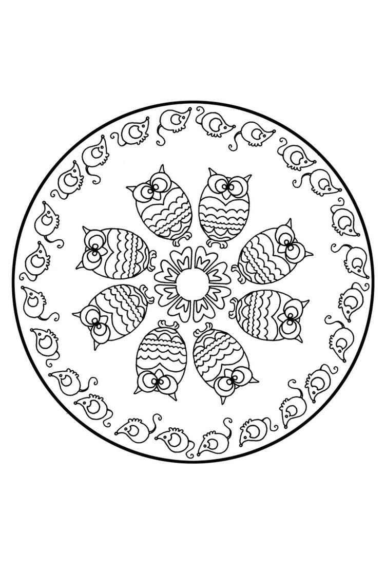 Sovy a myši v kruhu mandaly jesenné mandaly-deti-sova-myš-kvet