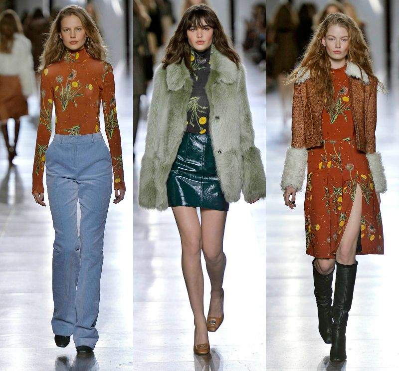 Módne trendy 2015 - rifle s vysokým pásom a blúzka s kvetinovými motívmi Džínová sukňa s vysokým pásom 2015 na jeseň