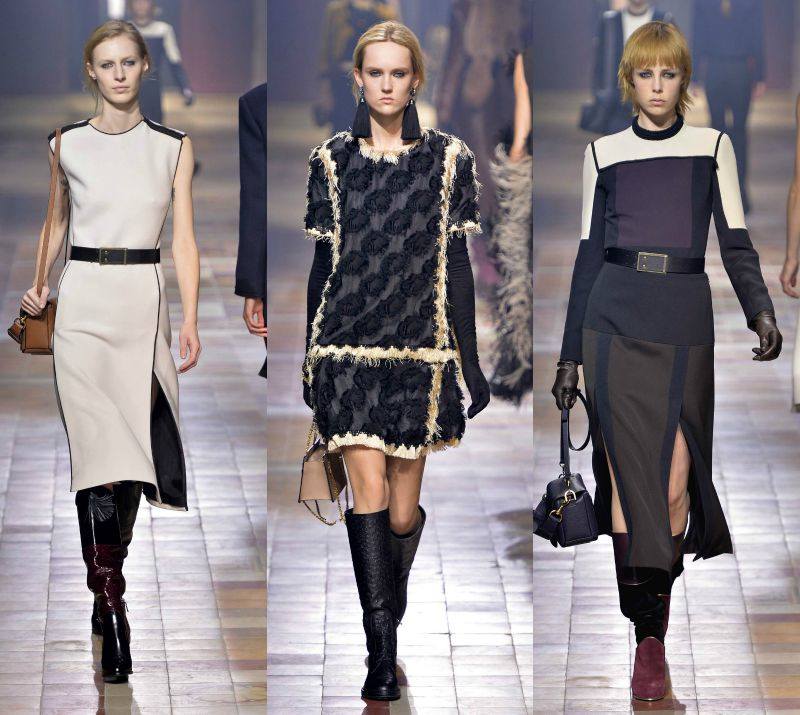 K vysokým čižmám noste šaty s opaskom po kolená Jeseň-móda-2015-šaty-moderné-béžové-stredne dlhé