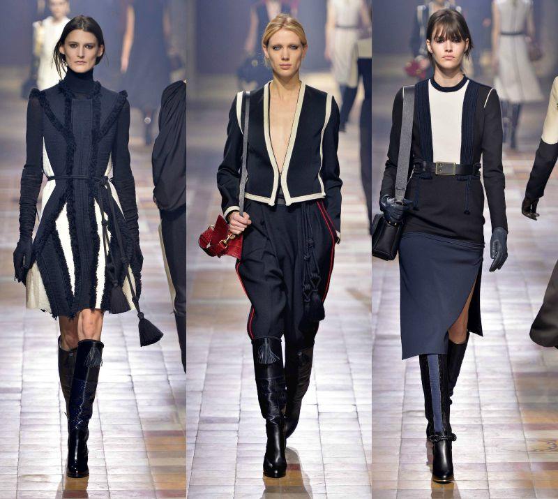 Sukňa a blúzka po kolená v tmavo modrej a bielej farbe Jeseň-móda-2015-šaty-po kolená-umelá kožušina-detaily