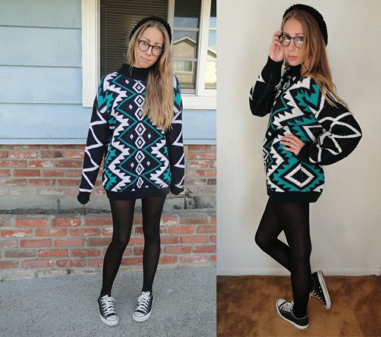 Jesenný outfit z dlhého svetra ako šaty jesenný outfit s chucks sveter šaty geometrický vzor dámske pančuchové nohavice