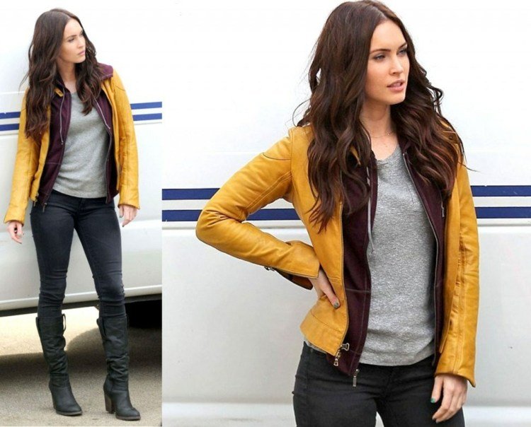 K lístiu sa nádherne hodí žltá kožená bunda jesenný outfit kožená bunda žltá idea moderná megan líška