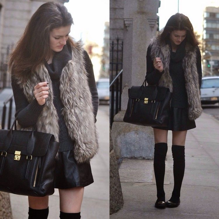 čierna sukňa a sveter a vesta z umelej kožušiny jesenný-outfit-nápady-kožušinová vesta-kožená-sukňa-sveter-čierna