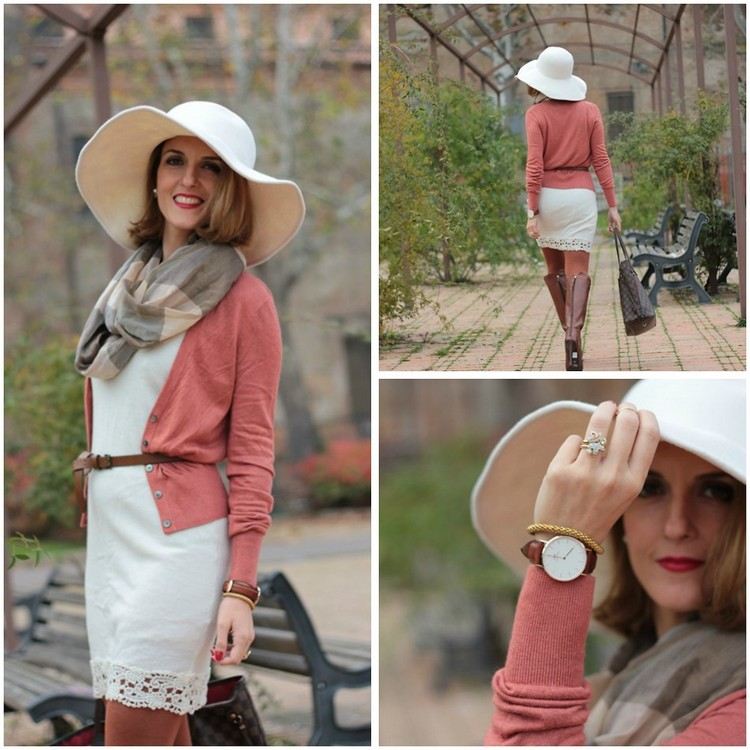 biele šaty s vestou Atrosa a opaskom jesenný-outfit-nápady-biele-šaty-súmračná ružová-cardigan-fedora-čiapka-šatka