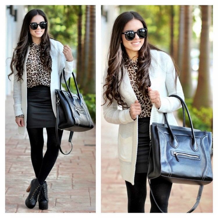 Košeľa s leopardím vzorom, čierna sukňa a biely sveter jesenný-outfit-nápady-košeľa-leopardia potlač-biela-sveter-čierna-sukňa