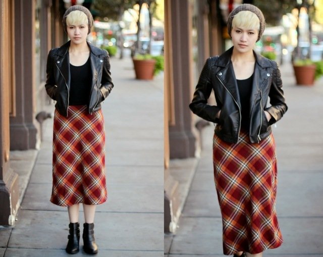 Dajte dohromady jesenný outfit - károvanú sukňu a koženú bundu kockovaná sukňa, midi čižmy, kožená bunda, klobúk