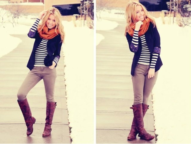 Šaty na jeseň - pruhovaný sveter a šál ako akcent v oranžovej farbe nápady na jesenné oblečenie topánky šál oranžová