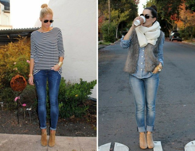 Kockovaná košeľa s vestou a džínsami svetrové rifle priliehavé čižmy čižmy vesta šatka