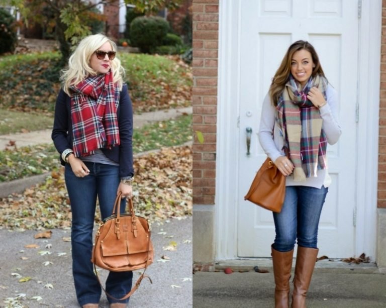 Jesenné outfity so šatkou so vzormi Schott jesenné outfity s nápadmi na šatky tartanové hnedé kabelky rifle svetre