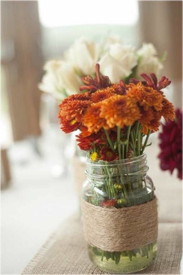 deco mason jar váza priadza kytica kvety jesenné