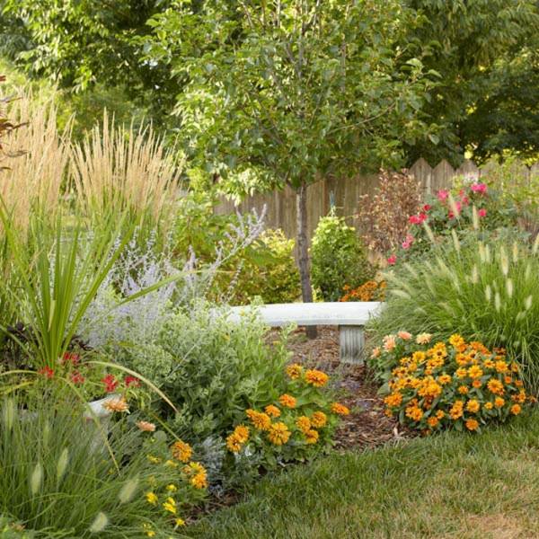 jesenné kvety v záhrade letná záverečná trávnatá lavička