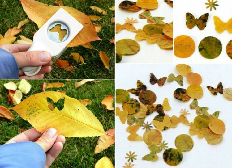 Deti z jesennej koláže vyrábajú ručné práce a dierujú motívy, ktoré lepia nápady remesiel