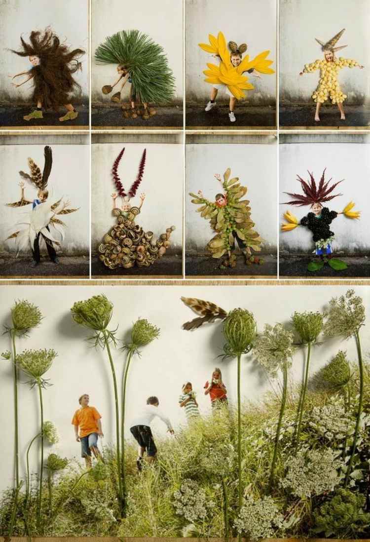 Jesenná koláž s deťmi pri vytváraní fotografií vtipný nápad na darček ulity slimákov