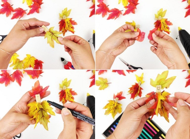 DIY veniec vyrobený z listov a štipcov na bielizeň ako jednoduchý remeselný nápad pre deti