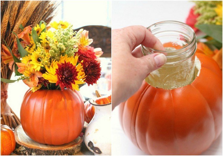 Jesenná dekorácia-stôl-kvetina-váza-tekvica-urob si sám