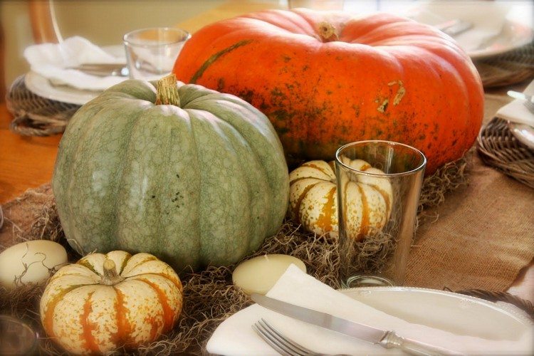 Tekvice rôznych veľkostí na stole Jesenné dekorácie-nápady-stôl-tekvice-rôzne-veľkosti
