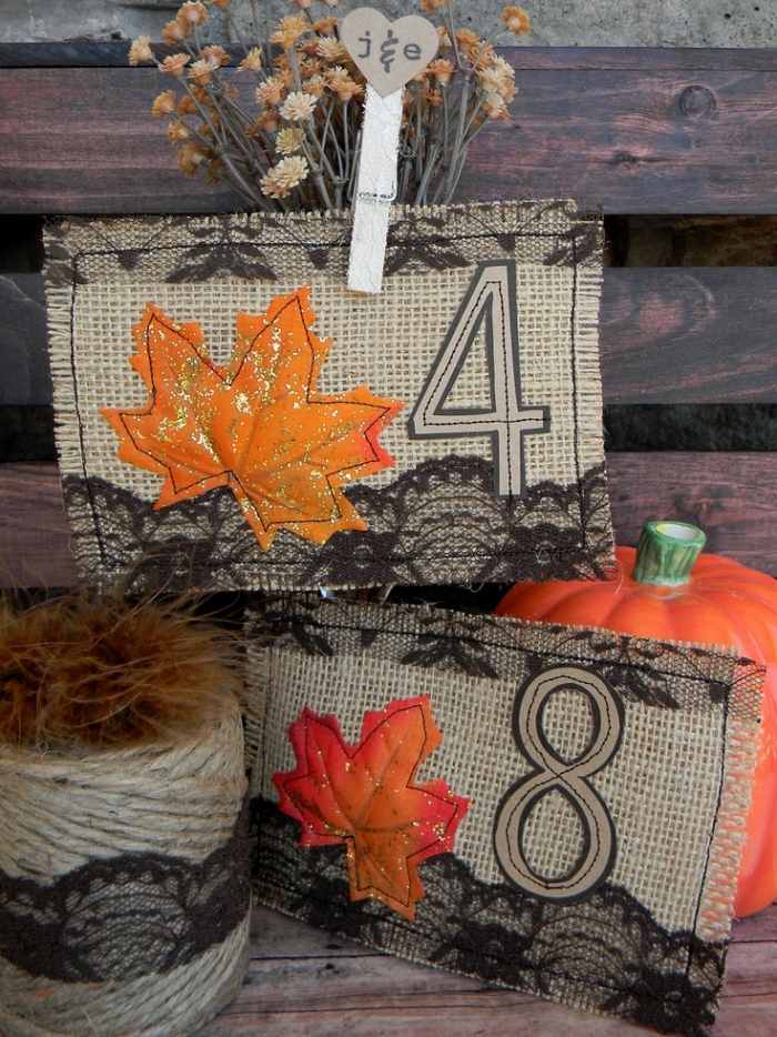 Umiestnite karty, ktoré si vyrobíte - jesenné lístie v ohnivých odtrhnutých farbách Umiestnite karty-urobte si-jesenné-listy-farby-na-pytlovine-ušité