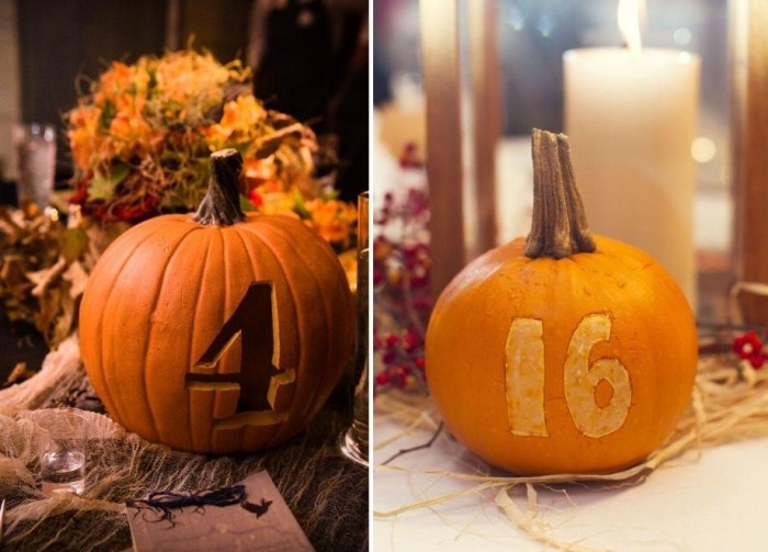 Usporiadajte vyrezávané tekvice ako karty miest na jesennú svadbu vyrezávané-tekvice-miesto-karty-číslo-a-stojan-svadba