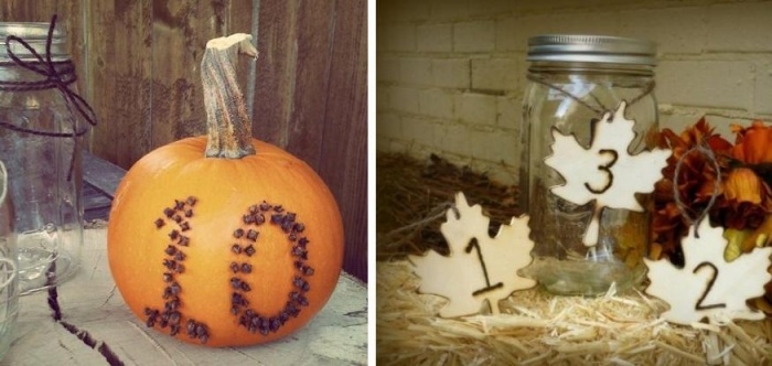 nápady na ručné práce so stojanmi na karty s tekvicou a menovkami v tvare listov nápady-tekvice-miesto-karty-stojan-listy-tvar-dekorácia-svadba-jeseň