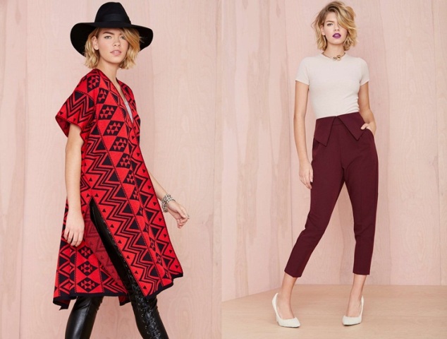 Vínové nohavice Poncho trend jeseň 2014 Jeseň 2014 bordové nohavice rovného strihu blúzky