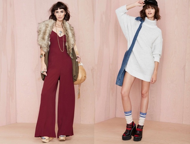 Trend jesene 2014 kabát z umelej kožušiny bordový outfit Kabát z umelej kožušiny bordový outfit pohodlný pletený sveter