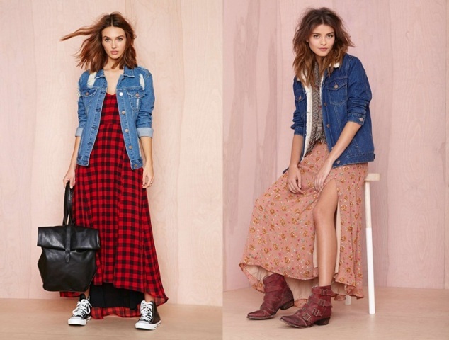 Džínsové bundy jesenného trendu 2014 kombinujú dlhé šaty Džínsové bundy dlhé šaty kombinujú nápady