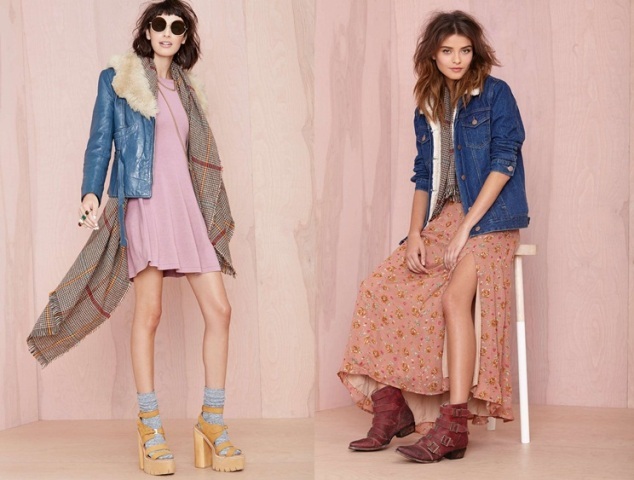 Jesenný trend 2014 dlhé krátke šaty ružového kvetinového vzoru dlhé krátke šaty ružová riflová bunda s kvetinovým vzorom