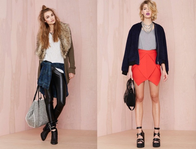 Módne trendy jesenné outfity pilotná bunda lederhosen Oblečenie pilotná bunda lederhosen károvaná košeľa oranžová sukňa