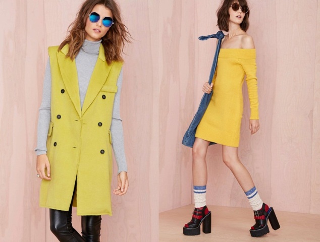 Dámska móda jesenný trend 2014 farba žltá Trend jesene 2014, žlté kabátové šaty