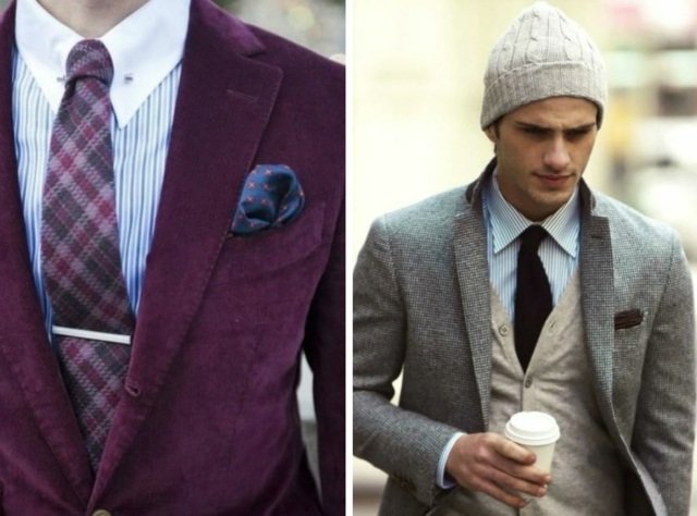 Bunda v pruhovanej košeli bobuľovej farby pruhovaná košeľa-pletená čiapka-hodvábna šatka