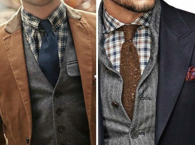 Kárované látky dokonca aj kravata s trblietavým efektom károvaná košeľa s vestou a sakom