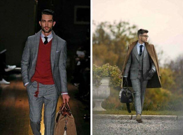 sivé obleky s košeľou a svetrom kárované vzorované obleky-biela košeľa