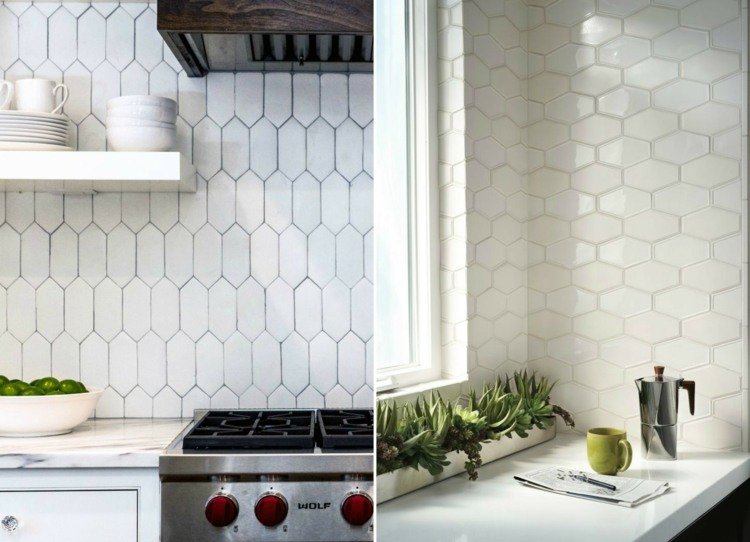 šesťhranné dlaždice podlhovastý tvar-biela-kachlička-zrkadlo-kuchynský dizajn