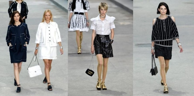 Chanel show v Paríži-klasické siluety-ploché topánky-mini sukne s pruhmi Karl-Lagerfeld-chanel-flat-shoes-mini-sukne-pinstripe-Show-Grand-Palais