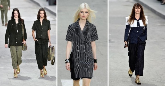 Ukážková konfekcia jar-leto 2015-zlaté ploché topánky Chanel s výrezmi Prêt-à-Porter-Show-chanel-paris-fashion-week-pinstripe-wide-pants-natural-colored