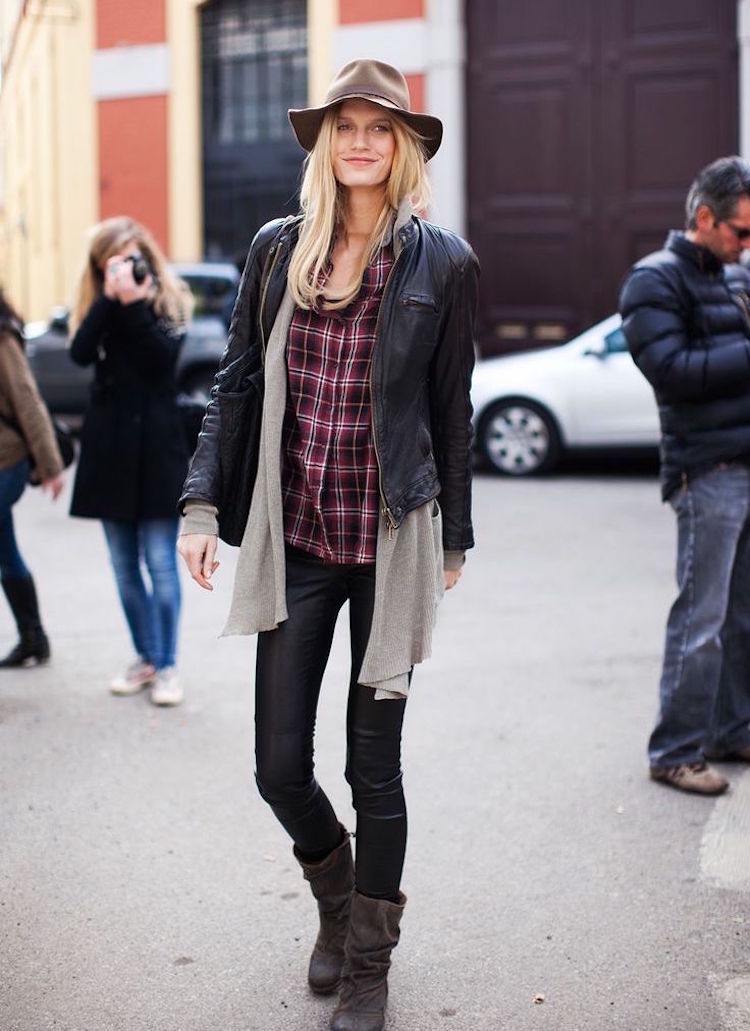 hipster-móda-dámy-kožená bunda-blúzka-károvaná-čiapka-rifle
