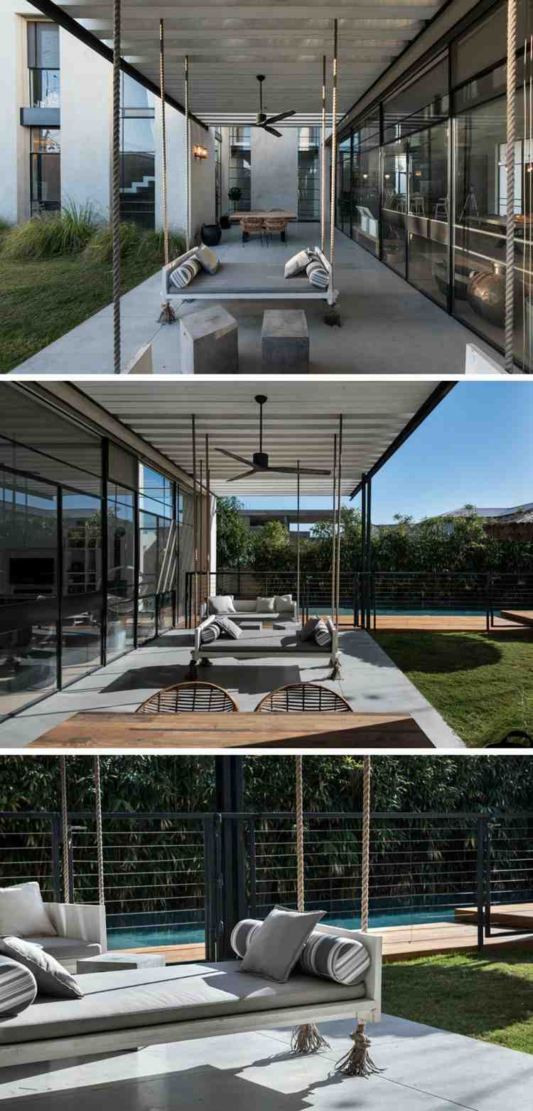 Závesná stolička-hojdačka-vankúš-tráva-dvor-stôl-strop-ventilátor-závesná sedačka