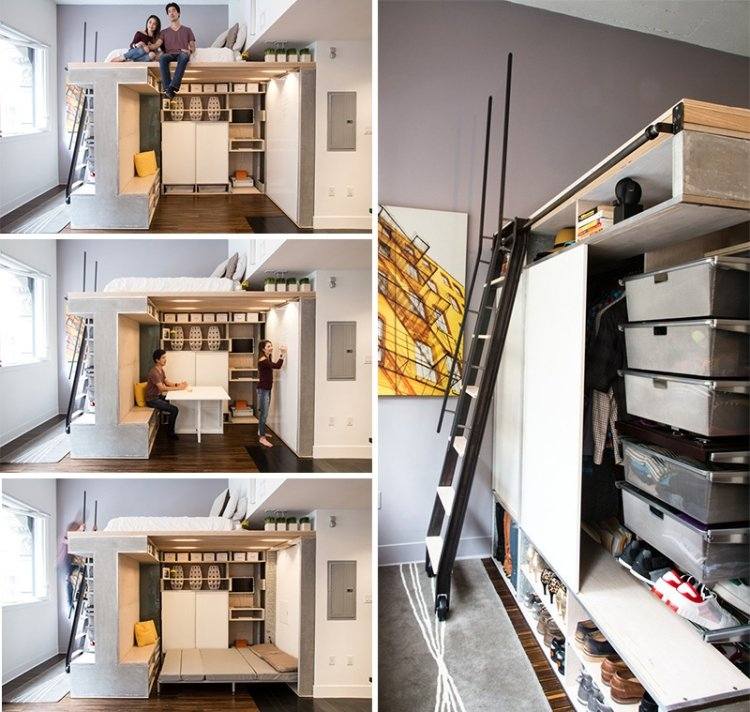 praktická konštrukcia podkrovia optimalizuje stiesnený priestor Poschodová posteľ-dospelí-šetriace miesto-malý-byt-skriňa-biela lavica