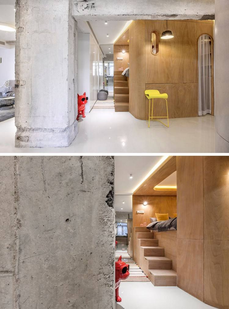 dizajnový malý apartmán s podkrovím, priestorovo úsporné zariadenie pre dospelých