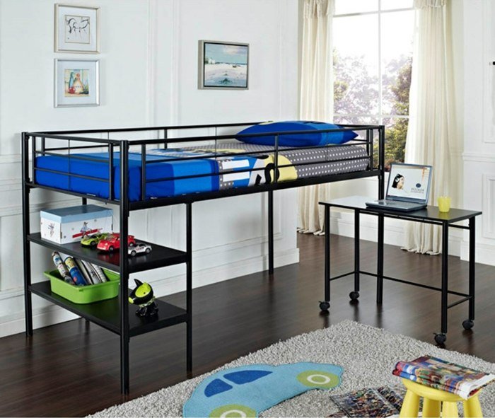 moderný dizajn-kovové prevedenie-podkrovná posteľ s písacím stolom