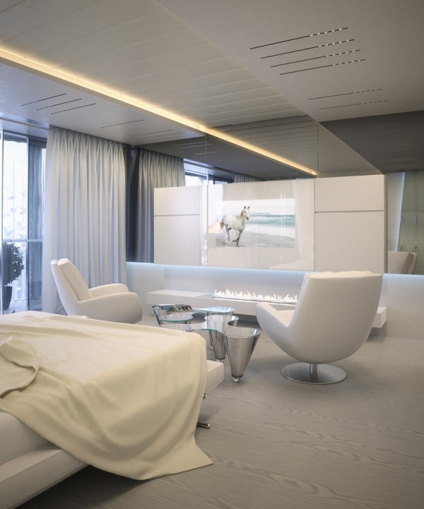 Alexander Lysak moderný byt krb s vysokým leskom biele kreslá Alexander Lysak moderný byt vysoké lesklé biele krbové kreslo