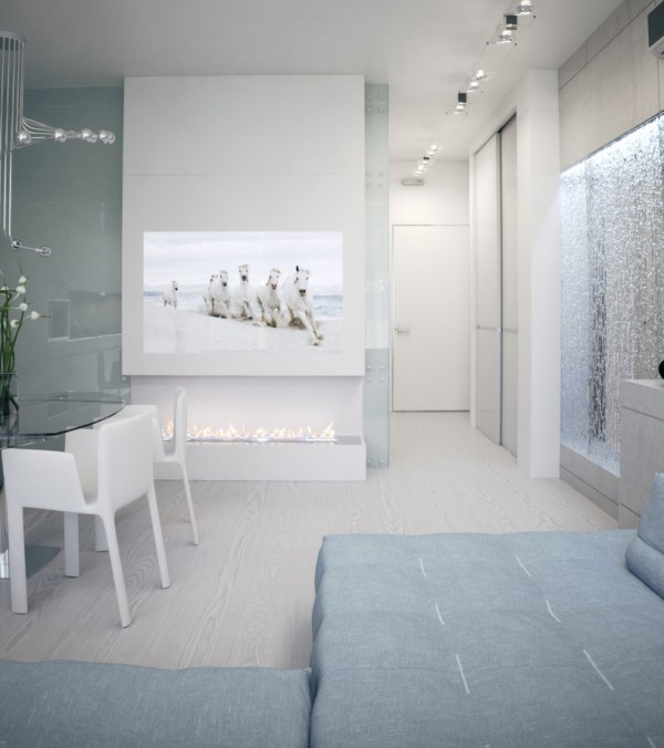 Alexander Lysak biely byt kuchyňa jedálenský kút krb biela Byt Alexandra Lysaka kuchyňa jedáleň krb biela